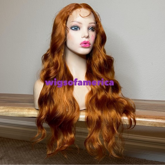 Orange ginger wig wavy layered lace front middle part 26 inch long heat ok - Picture 4 of 8